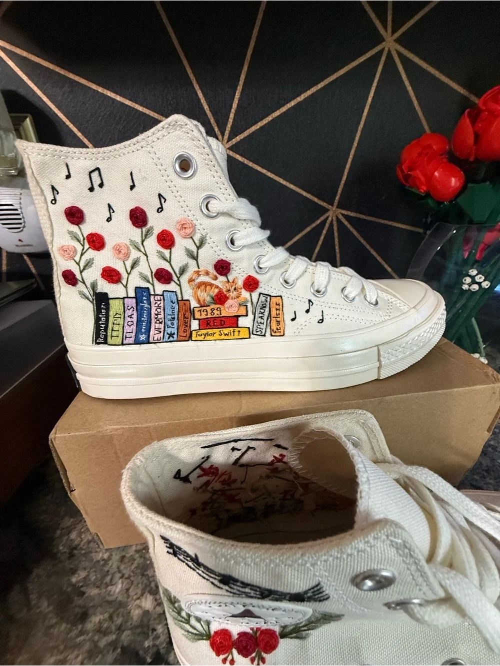 Converse Cream High-Top Sneakers with Floral, Book & Music Embroidery - Picture 3 of 10